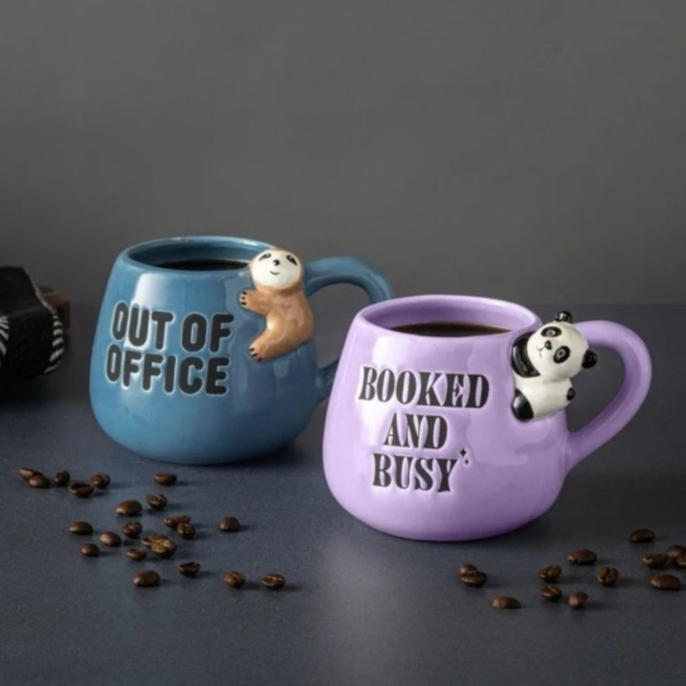 PAIR OF STONEWARE COFFEE MUGS SLOTH AND PANDA OFFICE GIFT MUG - Picture 3 of 6